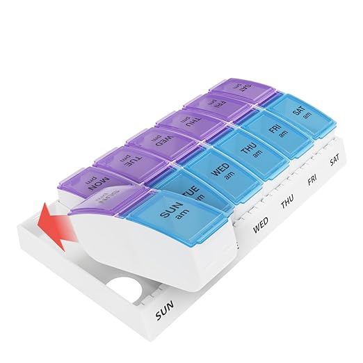 EZY DOSE Weekly AM/PM Pill Organizer, 7-Day Vitamin Container and Daily Medication Box with Large Pop-Out Compartments, 2 Times a Day Pill Holder, Blue and Purple Lids, Travel-Friendly Design
