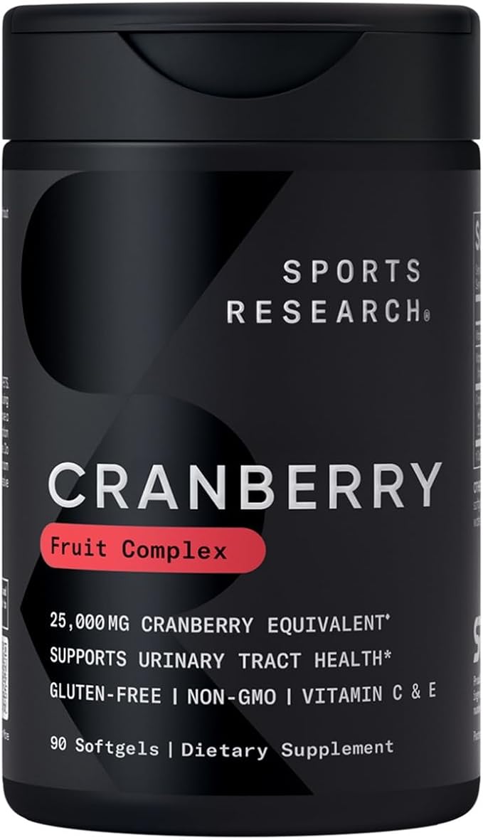 Sports Research® Cranberry Fruit Complex Supplement - Softgels for Urinary Tract Health Support - Made with Pacran®­ & Vitamins C & E - Non-GMO & Gluten Free - 90 Count