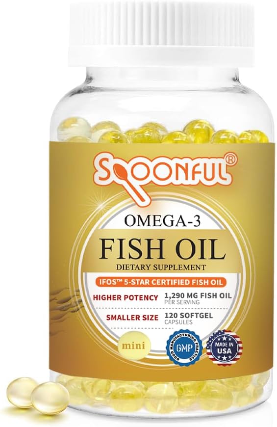 Spoonful Mini Omega 3 Fish Oil, iFOS Certified, 1290 mg Per Serving, 120 Softgels Pearls, Small Size Easy to Swallow Capsules, Made in USA