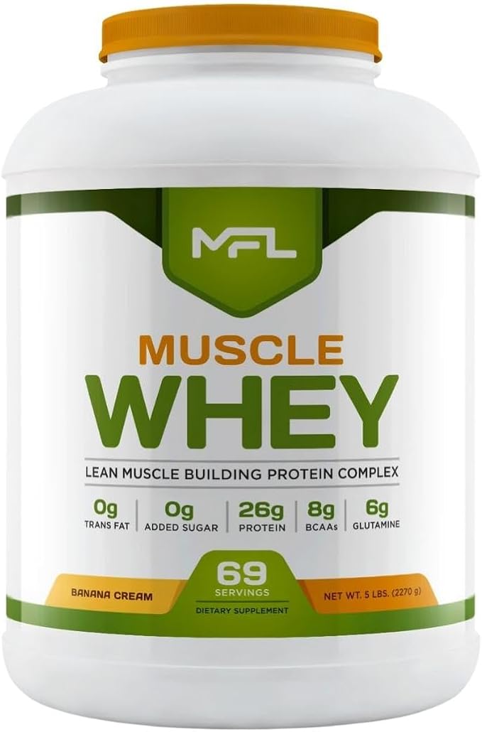 MFL Muscle Whey Protein l 28g of Protein l 8g BCAAs l Keto Friendly l Low Carbs l 5 lbs. (Banana Cream)