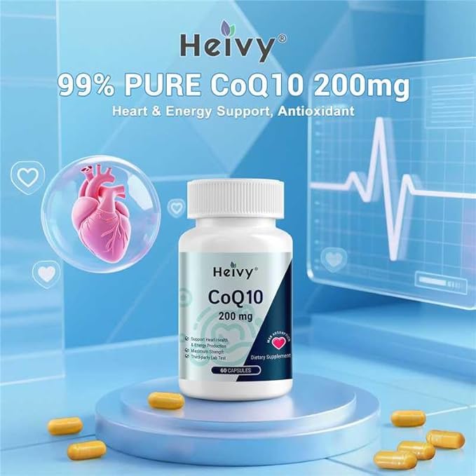 Heivy CoQ10 200mg Per Serving, 99% Purity High Absorption Coenzyme Q10 as Ubiquinone, Support Heart Health, Antioxidants & Energy Supplements, Made in USA, 120 Day Supply, 120 Capsules
