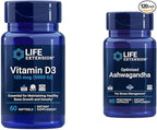 Life Extension Vitamin D3 5000 IU, Ashwagandha - Stress Relief, Focus, Memory, Mood Support - Non-GMO Supplement Bundle