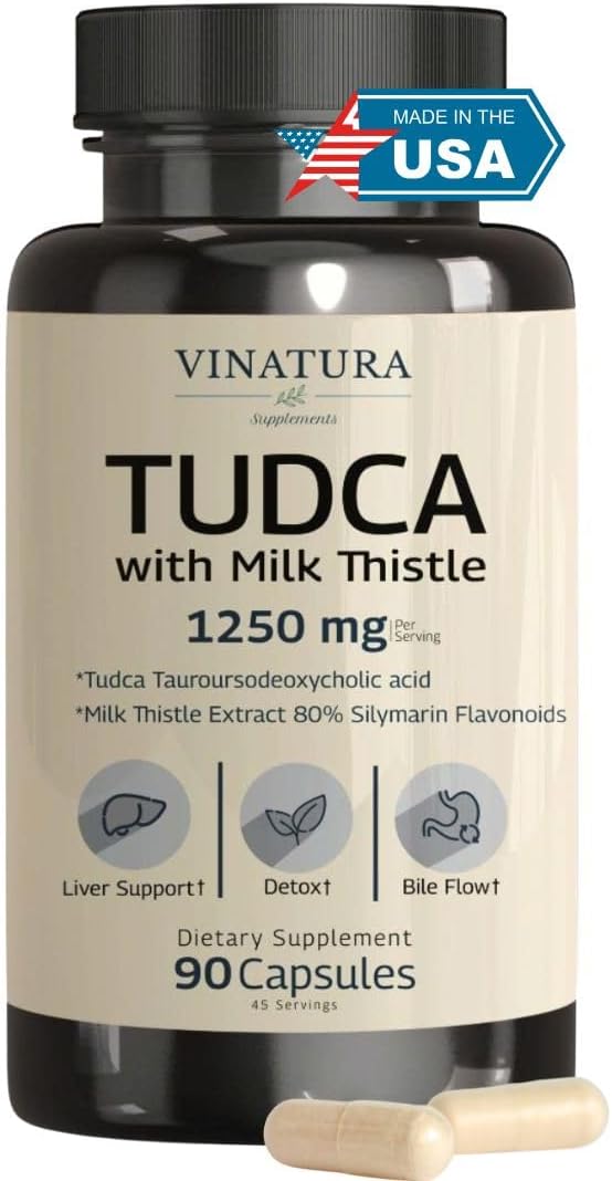 VINATURA TUDCA Milk Thistle 1250mg - Tudca Supplement, Tudca Bile Salts, Liver Support, Gallbladder Supplements *USA Made and Tested* Bile Salts Supplement - 90 Capsules