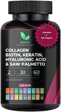 Multi Collagen Hair Pills - Biotin 10,000mcg, Keratin & Hyaluronic Acid - Hair Growth - Hair Skin & Nails Vitamins & DHT Blocker - Vitamin E Folic Acid Pumpkin Seed MSM, Saw Palmetto 60 Vegan Capsules
