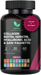 Multi Collagen Hair Pills - Biotin 10,000mcg, Keratin & Hyaluronic Acid - Hair Growth - Hair Skin & Nails Vitamins & DHT Blocker - Vitamin E Folic Acid Pumpkin Seed MSM, Saw Palmetto 60 Vegan Capsules
