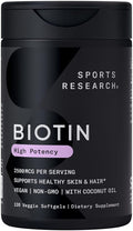Sports Research® Biotin 2,500mcg with Organic Coconut Oil - Biotin (Vitamin B7) for Healthy Skin and Hair Support* - for Women and Men - Vegan, Non-GMO, Gluten & Soy-Free - 120 Veggie Softgels