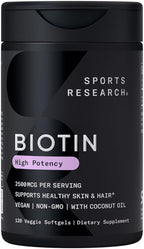 Sports Research® Biotin 2,500mcg with Organic Coconut Oil - Biotin (Vitamin B7) for Healthy Skin and Hair Support* - for Women and Men - Vegan, Non-GMO, Gluten & Soy-Free - 120 Veggie Softgels