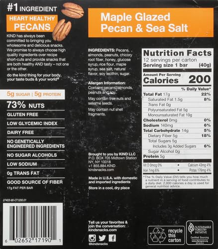 KIND Nut Bars,Maple Glazed Pecan & Sea Salt,Healthy Snacks,Gluten Free,Low Sugar,5g Protein,(Pack of 24)