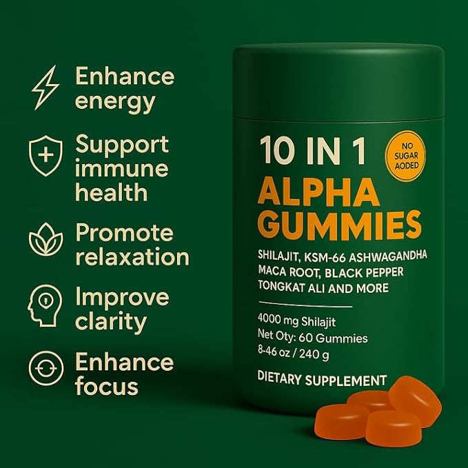 Alpha Gummies 10 in 1 for Men | 4000mg Himalayan Alpha Shilajit Gummies for Energy & Immune | 75% Fulvic Acid, 85+ Trace Minerals, Ashwagandha, Gokshura | No Added Sugar, Non-GMO, 60 Count (1)