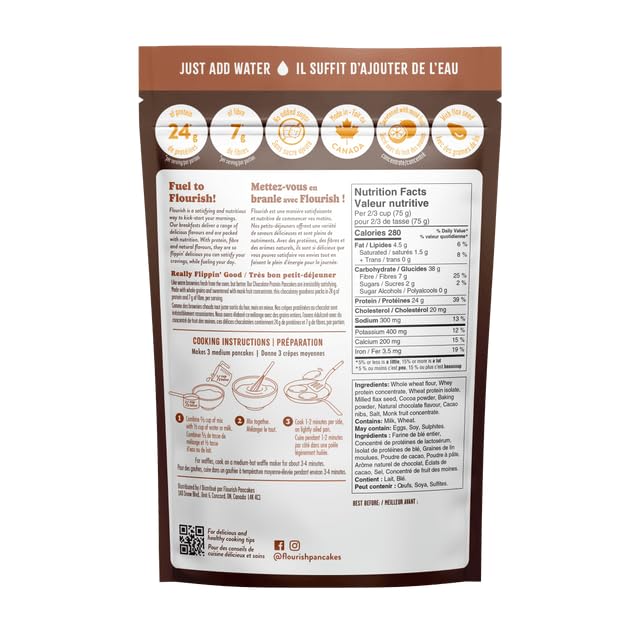 Flourish Protein Pancake & Waffle Mix, with Whey Protein & Flax Seed, No Added Sugar, High in Protein & Fiber - Just Add Water - Chocolate Flavour, 16oz (2 Pack)