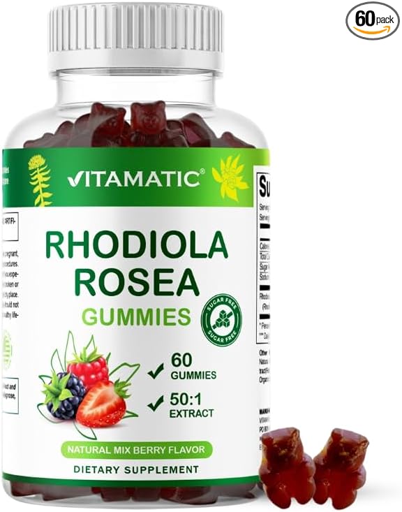 Vitamatic Rhodiola Rosea Gummies – Sugar-Free Plant-Based Extract – Mixed Berry Flavor – Vegan, Non-GMO – Adaptogen Supplement Gummies – 60 Count