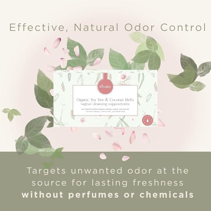 Femallay Organic Vaginal Melts – Tea Tree & Coconut Oil – Natural Feminine Odor Control, pH Balance & Dryness Relief – 7 Count + Applicator