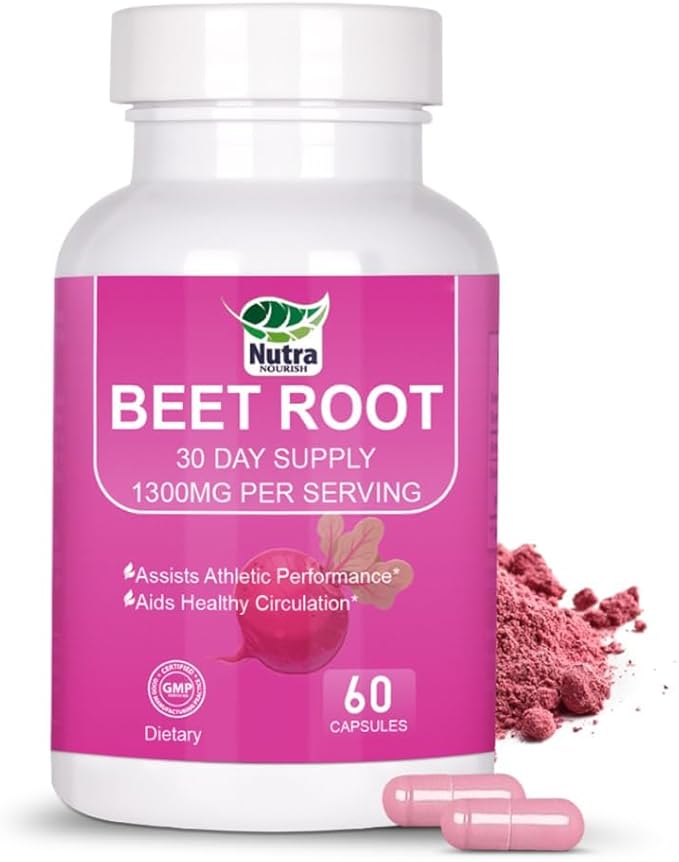 Beet Root Capsules Organic - 1300mg Beetroot Powder Capsules for Natural Energy - 60 Vegan Beetroot Supplement Supports Blood Pressure, Athletic Performance, Digestive, Immune System (Beetroot)