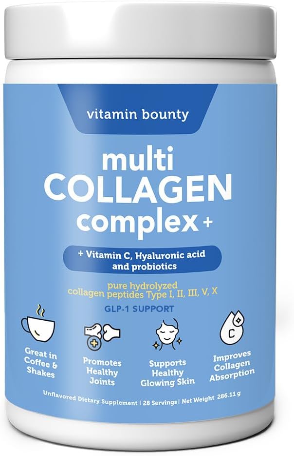 Vitamin Bounty Multi Collagen Peptides Powder for Men & Women (Complex Plus) - 5 Types Hydrolyzed Collagen Protein - Probiotics, Vitamin C & Hyaluronic Acid - Grass Fed Bovine Supplements, 28 Servings
