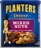 PLANTERS Deluxe Mixed Nuts - Roasted Cashews, Almonds, Brazil Nuts, Pistachios, and Pecans, Plant-Based Protein, Quick Snack, 15.25oz Canister (Pack of 4)