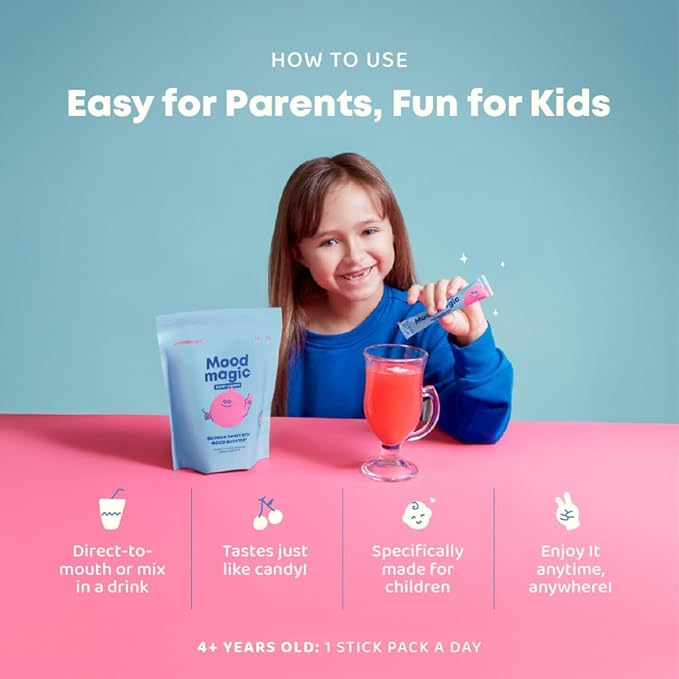 JoySpring Saffron for Kids – Mood Magic Pixie Sticks with Magnesium Citrate & Vitamin D3 – Herbal Saffron Extract Drink Mix, Sugar Free Cherry Lime Powder | 4+ Years | 25 Servings
