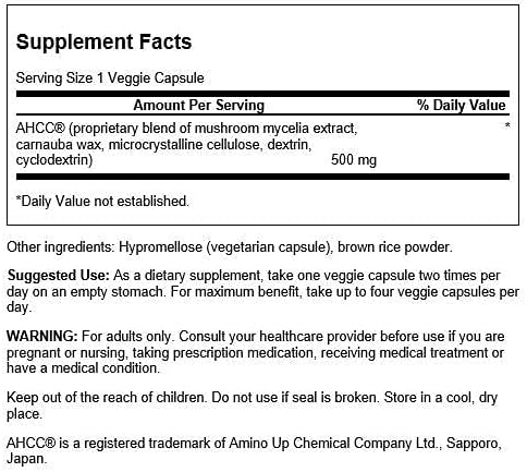Swanson Maximum Strength AHCC Mushroom Extract Immune Support Supplement for Adults Seeking Natural Immune Defense - 500 mg (60 Vegan Capsules)