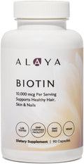 Alaya Biotin 10,000 mcg for Healthy Hair, Skin and Nails, Non GMO, Vegan, 90 Capsules