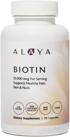 Alaya Biotin 10,000 mcg for Healthy Hair, Skin and Nails, Non GMO, Vegan, 90 Capsules