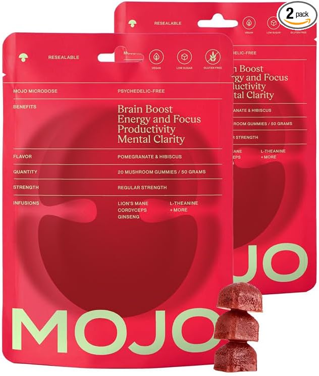 Mojo Focus Gummies w/Lion’s Mane, Panax Ginseng, Ginger Root, Cordyceps, Brain Supplement Memory/Focus Support Adults Nootropic Mushroom Gummies, Pomegranate Hibiscus, Regular Strength (2 Pack)