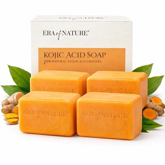 era of nature Turmeric Kojic Acid Soap for Dark Spots – Gentle Brightening Bar for Face, Underarms, Inner Thighs & Bikini Area – Vitamin C + Shea Butter – Moisturizing Soap, 4 x 100g