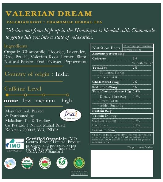 Luxmi Estates Valerian Dream | Organic Valerian Root Tea | Caffeine Free | Sleep and Relaxing | 25 Biodegradable Tea Bags | 50g/ 1.76oz