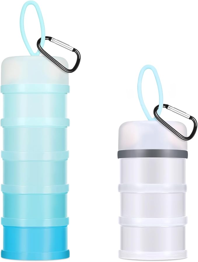Baderke 2 Pcs Protein Powder Containers with Funnels Stand, 5 and 3 Layers Stackable Powder Supplement Travel Container Formula Organizer Storage Powders Holder for Travel Workout Fitness(White,Blue)