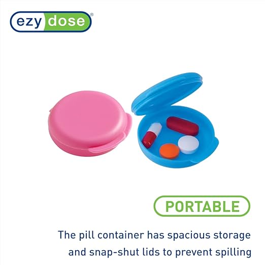 EZY DOSE Daily Round, Compact, Small, Discdrete, Portable On-The-Go Pocket Pharmacy, Pill Box, Organizer and Vitamin Containers, Snap Shut Lids, Travel Friendly, Blue & Pink, 2 Pack, BPA Free