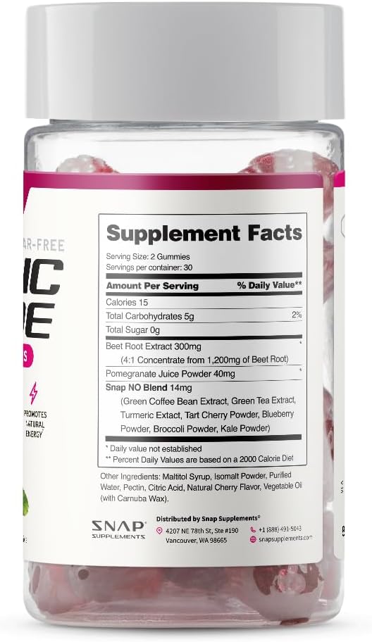Snap Supplements Nitric Oxide Gummies - Beet Root Extract 300mg, Sugar Free Beetroot Supplement with Pomegranate Powder for Circulation & Natural Energy, 60 Vegan Gummies (3-Pack), Cherry Flavor