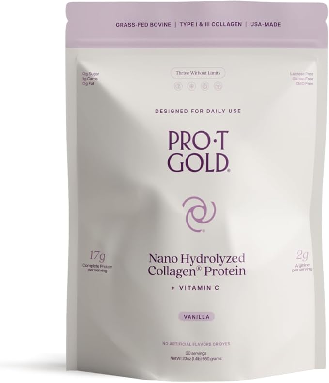 ProT Gold Collagen Protein Powder, 17g Protein Nano-Hydrolyzed Grass Fed Collagen, Vitamin C, 2g Arginine for Wound Support, Gluten Free, All Natural, Fat and Sugar Free, 0g Carbs, Vanilla, 23 oz, 30