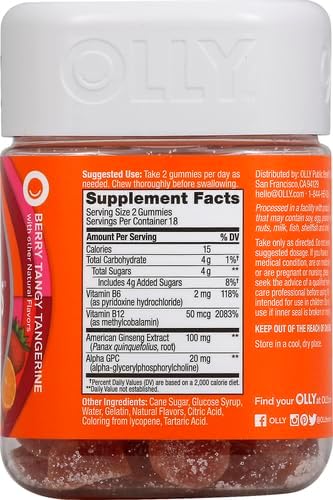 OLLY Laser Focus Gummy, Ginseng, Alpha GPC, B Vitamins, Berry Tangerine Flavor - 36 Count (Pack of 2)