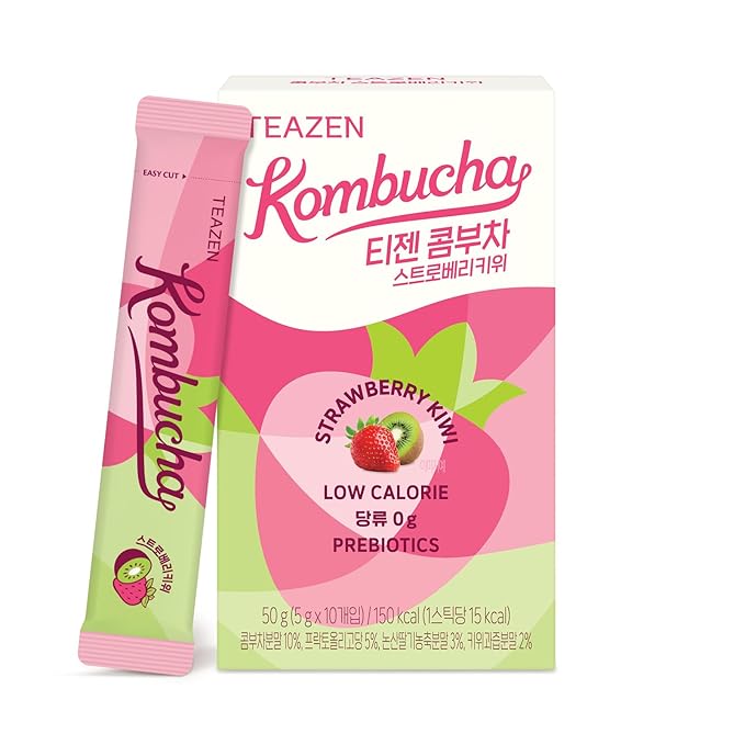 TEAZEN Strawberry&Kiwi Kombucha Powder, Hydration Drink Mix, Sugar Free, Live Probiotics & Prebiotics, On-the-Go 10 Packets, 1.76oz