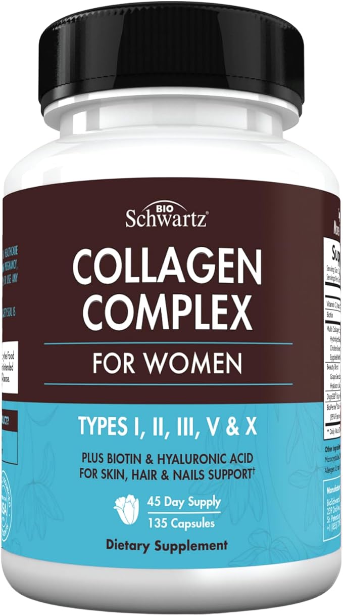BioSchwartz Hydrolyzed Collagen Peptide Capsules - Multi Collagen Supplements for Women Types I, II, III, V, X with Vitamin C, Biotin, Keratin and Hyaluronic Acid for Skin, Hair & Nails - 135ct