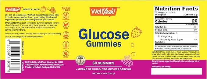WellYeah Glucose Gummies - 4 Grams of Carbohydrates- Natural Sourced Flavors - Chewable Gummy for Men and Women, Non-GMO, Gluten Free - 60 Count