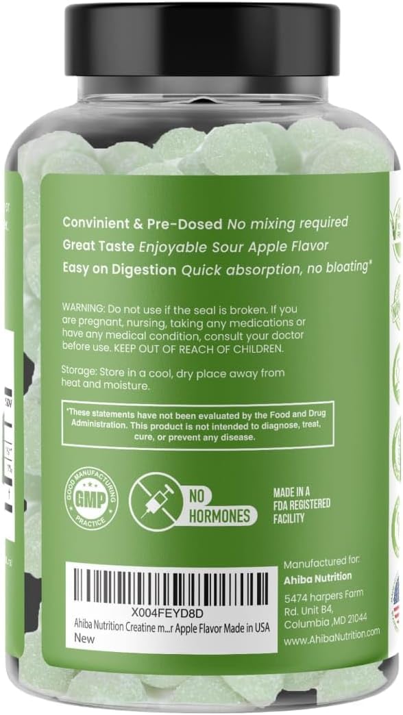 Creatine Monohydrate Gummies 5g per Serving, chewable, Vegan, Non-GMO, Sugar-Free, Soy-Free, Gluten-Free, Men & Women,More Strength & Recovery- Sour Apple Flavor, Made in USA