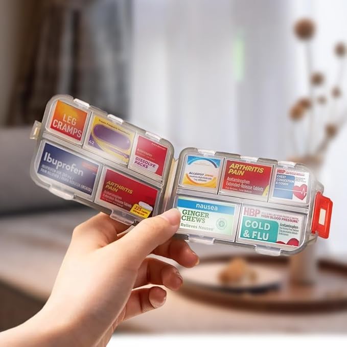 Pill Organizer with Medicine Labels Travel Daily Pill Container Mini Medication Organizer Storage Pill Organizer Travel Essentials Pill Case 7 Day (Purple& 161 Lables)