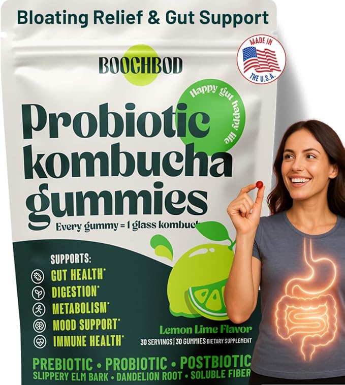 Probiotic Kombucha Gummy - Prebiotics, Probiotics, Postbiotics, Fiber Supplement, Slippery Elm, Dandelion Root, for Bloating, Gut Health - for Women and Men - Lemon Lime (Lemon Lime)