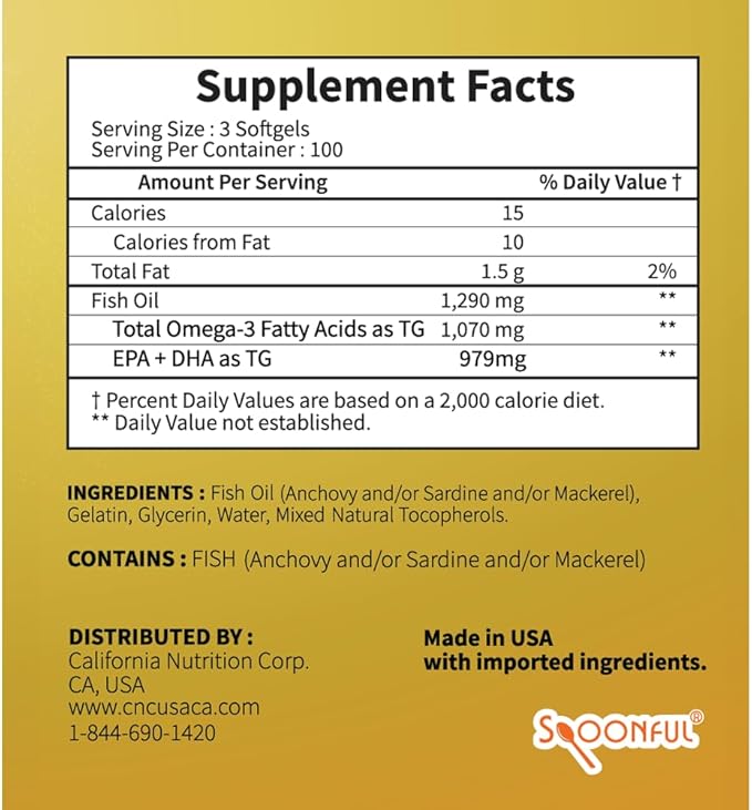 Spoonful Mini Omega 3 Fish Oil, iFOS Certified, 1290 mg Per Serving, 300 Softgels Pearls, Small Size Easy to Swallow Capsules, Made in USA