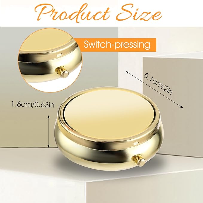 WLLHYF Pill Box Cute Small Pill Box for Purse & Pocket Medicine Organizer Travel Pillbox Waterproof Pill Case Metal Pill Container Holder for Vitamins, Fish Oil, Supplements(Gold)