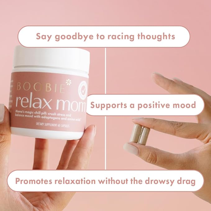 Boobie Relax Mom, Postpartum Stress Support Supplement | Breastfeeding Friendly Approved | Postnatal Mood and Energy Support for Women with Ashwagandha & L-Theanine, 60 Capsules