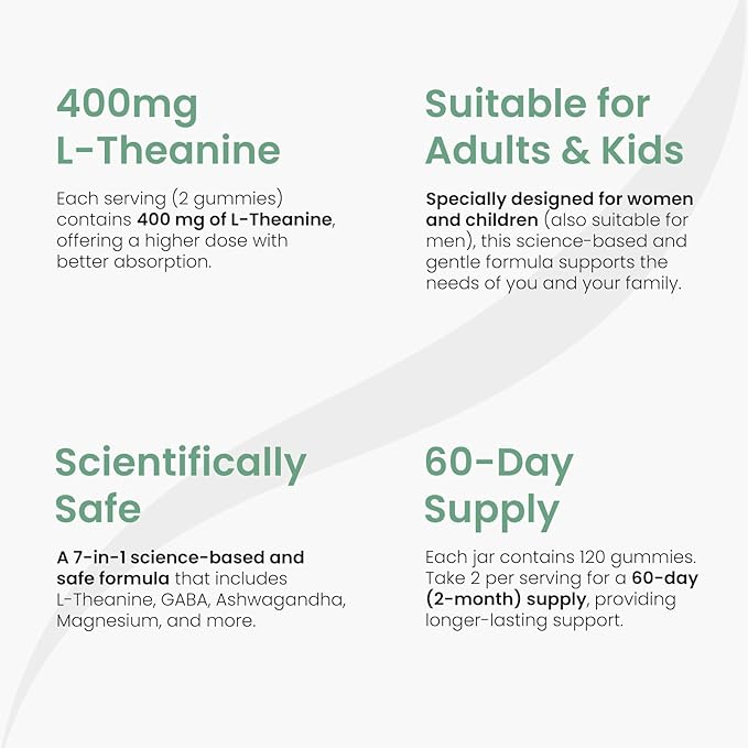 Stress Support Gummies for Kids & Adults, L-Theanine 400mg with Magnesium Glycinate, GABA & Ashwagandha, L Theanine Chewable Supplement for Relaxation, sleep, Calm & Focus, 120 Count, 60 Day Supply