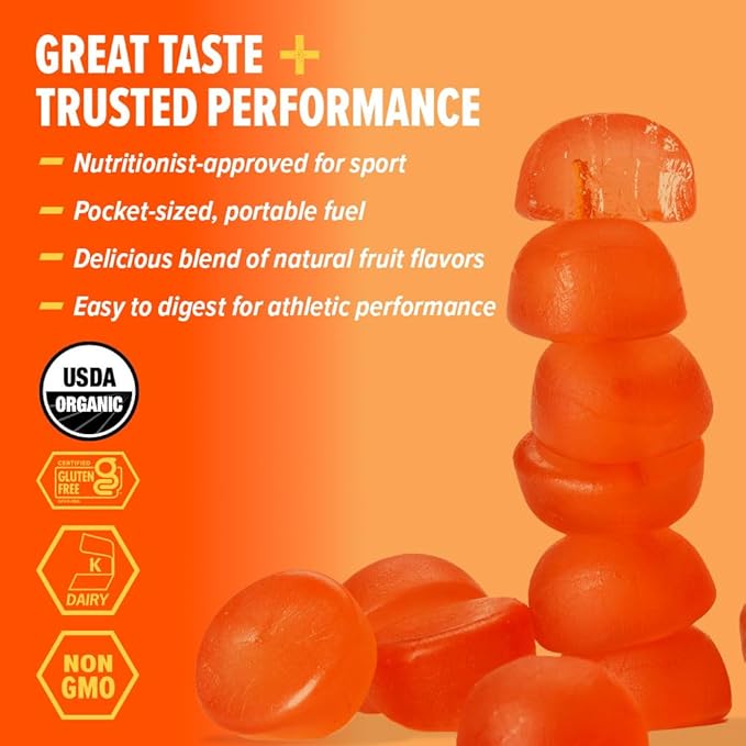 Honey Stinger Organic Orange Blossom Energy Chew, Gluten Free & Caffeine Free, for Exercise, Running and Performance, Sports Nutrition for Home & Gym, Pre and Mid Workout, 21.6 Ounces (Pack of 12)