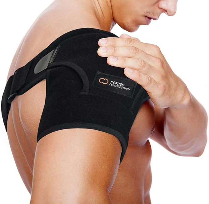 Copper Compression Recovery Shoulder Brace - Immobilizer for Torn Rotator Cuff, AC Joint Pain Relief, Dislocation, Arm Stability, Injuries, Tears - Adjustable Fits Men, Women - Black Plus Size - L/XL