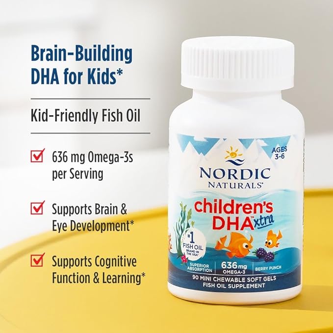 Nordic Naturals Children’s DHA Xtra, Berry Punch - 90 Mini Chewable Soft Gels for Kids - 636 mg Omega-3s EPA & DHA - Cognitive & Immune Function, Learning, Social Development - Non-GMO - 30 Servings