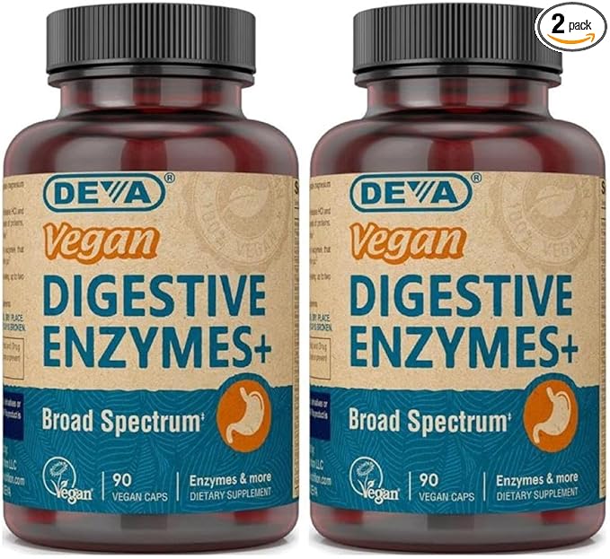 Deva Vegan Vitamins Digestive Enzymes Plus Supplement - A Unique Blend of Enzymes & Herbs - 90 Capsules (Pack of 2) Package May Vary