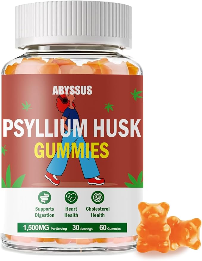 ABYSSUS Psyllium Gummies – Psyllium Husk Fiber Supplement 1500mg for Digestive Health, Sugar Free Chewable Bloating Relief & Regularity, Peach, 60 Count