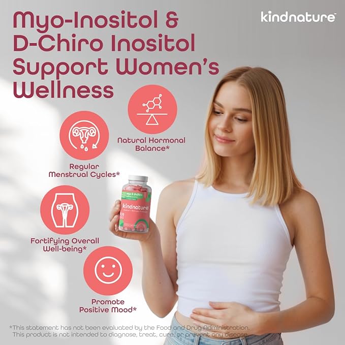 kindnature Myo-Inositol & D-Chiro Inositol Gummies for Women – 2000mg + 50mg, Ideal 40:1 Ratio – with Vitamin D & Folate – Hormone Balance & Fertility Support – Vegan, Watermelon Flavor (120 Gummies)