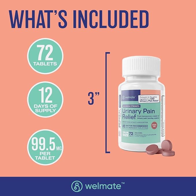 WELMATE Urinary Pain UTI Relief Maximum Strength (Phenazopyridine HCL) - Improve Urinary Tract Health & Bladder Control, Urgency, & Discomfort | Over-The-Counter Medication for Men & Women (72 Pills)