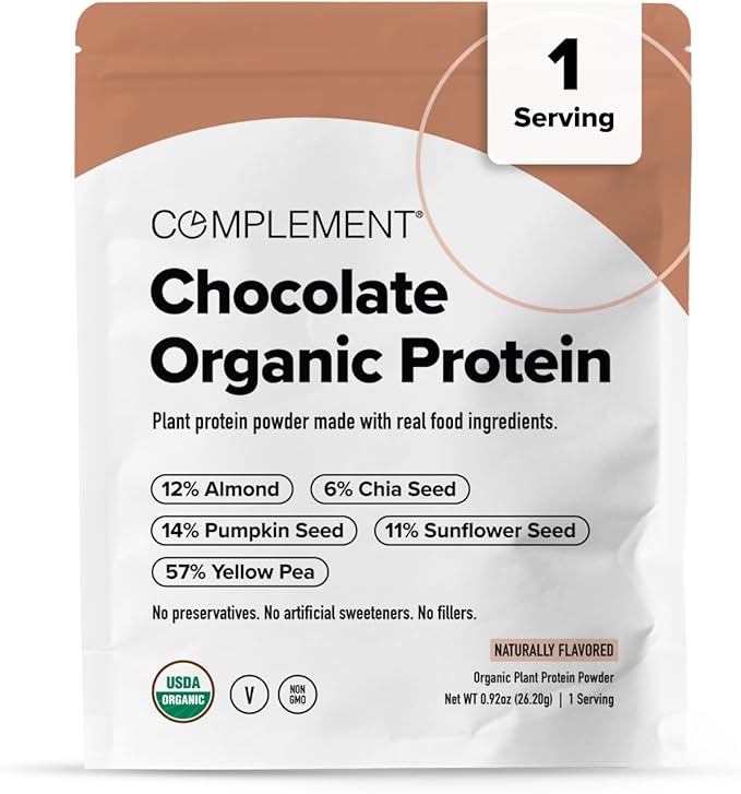 Complement Vegan Chocolate Protein Powder - Organic Protein Low Carb, Low Calorie, Sugar Free, Soy Free, Non-GMO, Gluten Free - 15g Yellow Pea, Pumpkin Seed Protein Powder (1 Serving)