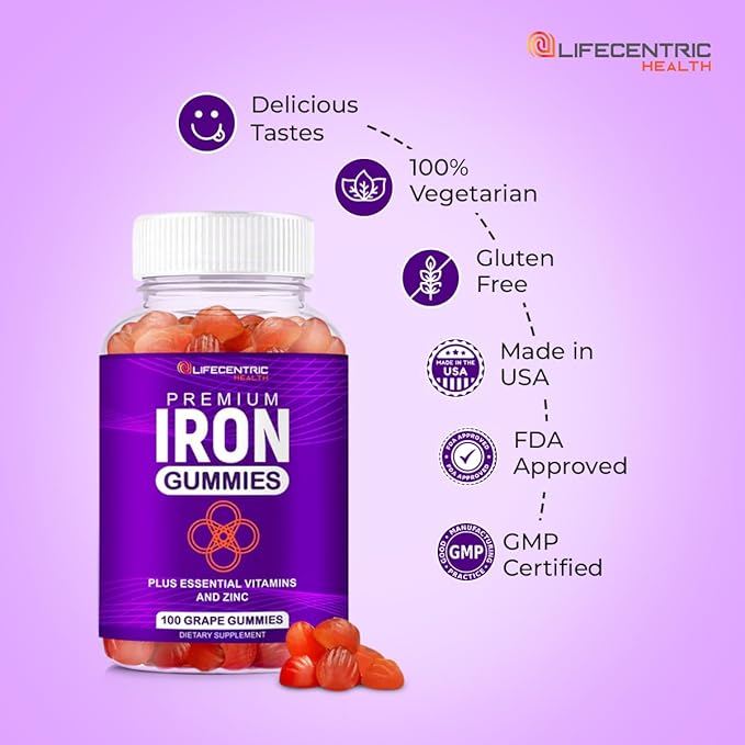LifeCentricHealth Iron Gummies | Biotin Zinc Vitamin B Folic Acid Gummies | Vegan Gluten Free for Women & Men